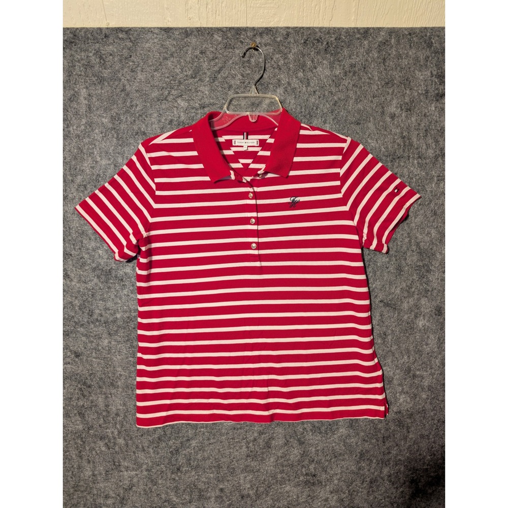 Tommy Hilfiger Polo Shirt Womens XL Red White Striped Short Sleeve WW48818